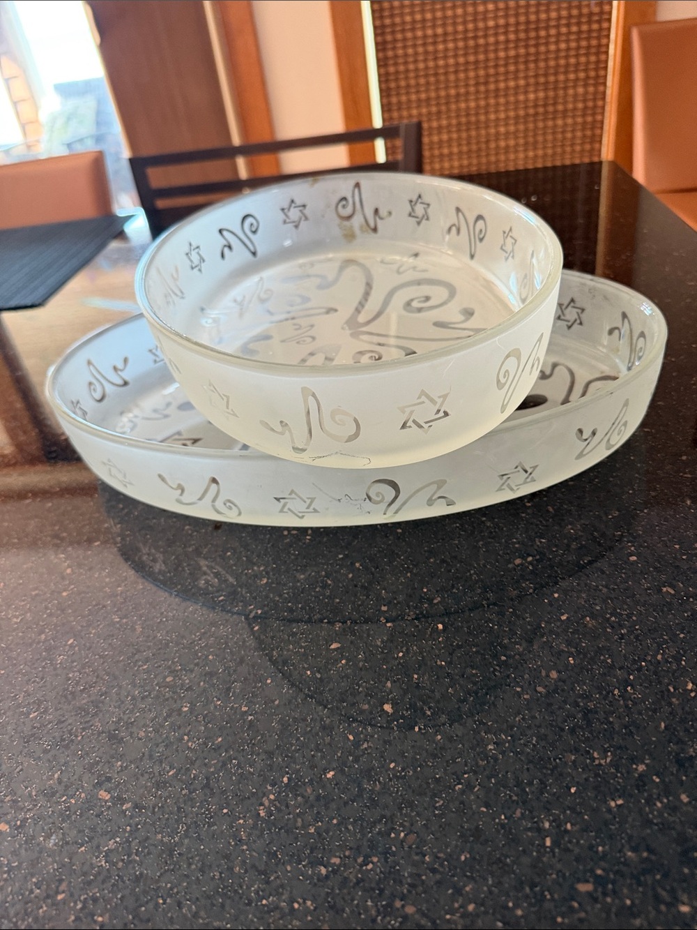 Judiaca- Frosted White Glass Serving Bowl and Platter Set with Silver Motif